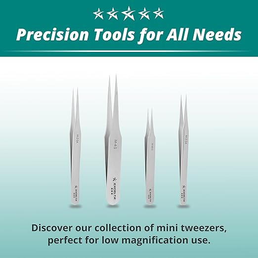 Excelta Ultra Fine Point Tweezers, Mini Straight Tapered for Microscopy, 3.13" Anti-Magnetic Stainless Steel, Professional