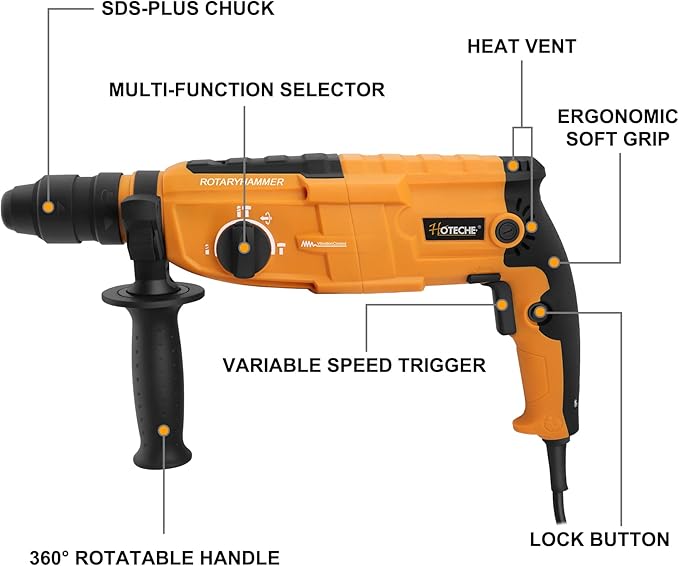 Hoteche 3-in-1 Rotary Hammer Drill 1-Inch SDS Plus Electric Hammer 6.7-Amp/800W Variable Speed Corded Power Hammer Drill Demolition Jack Hammer for Concrete with Extra 1/2 Chuck, Drill Bits & Chisels