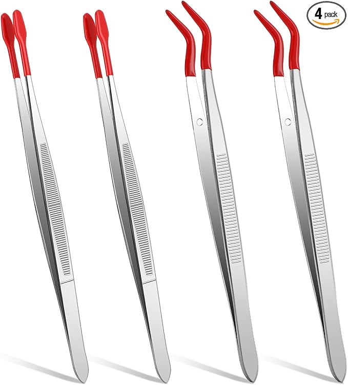 Rubber Tipped Tweezers, 4 Pcs PVC Coated Craft Tweezers Jewelry Tweezer Long Bent and Straight Flat Tip Precision Tweezer for Crafts Stamps Coin Beads Jewelry Industrial Electronic Lab (Red)