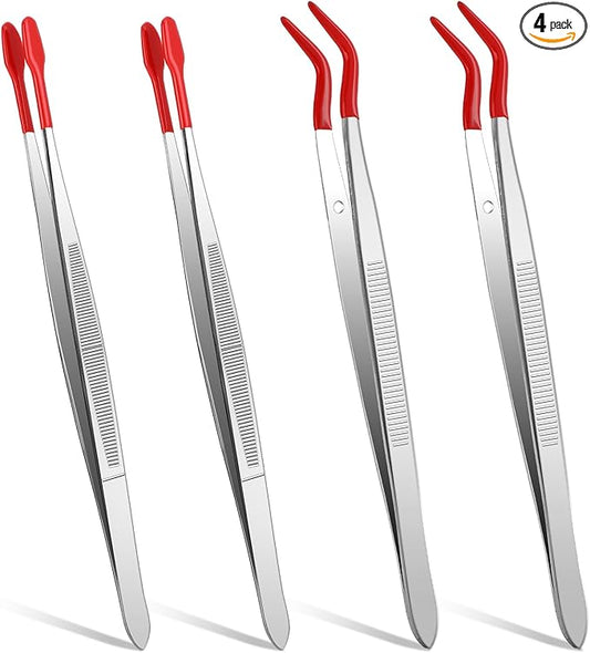 Rubber Tipped Tweezers, 4 Pcs PVC Coated Craft Tweezers Jewelry Tweezer Long Bent and Straight Flat Tip Precision Tweezer for Crafts Stamps Coin Beads Jewelry Industrial Electronic Lab (Red)