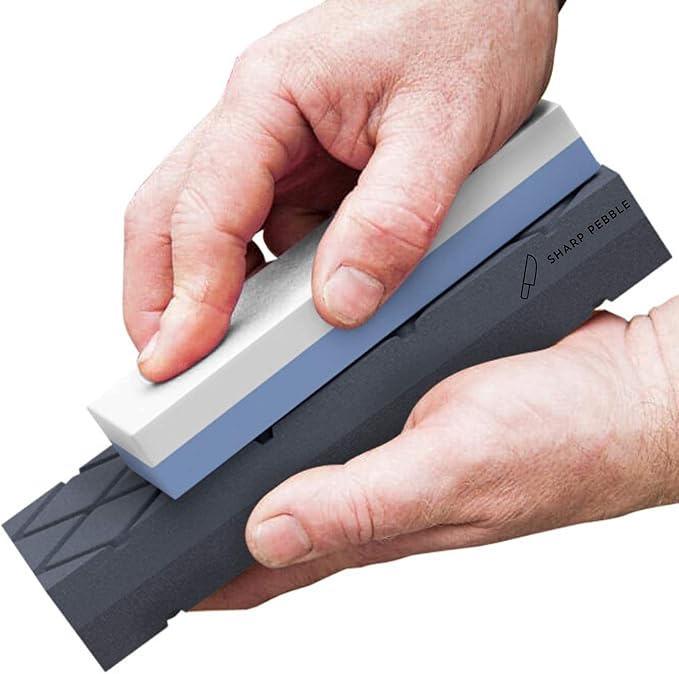 Sharp Pebble Two Side 1000/6000 Grit Knife Sharpening Stone and Large Dual Grit Flattening Stone with NonSlip Bamboo Base & Angle Guide