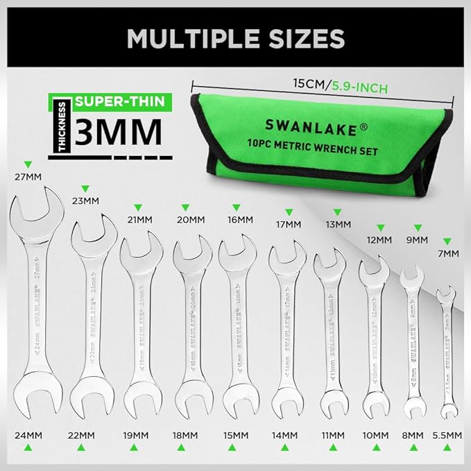 SWANLAKE 19Pcs Super-Thin Open End Wrench Set with Rolling Pouch, Carbon Steel SAE & Metric, 1/4" to 1-1/16" and 5.5mm to 27mm Slim Spanner Wrench Set (19pcs METRIC & SAE)