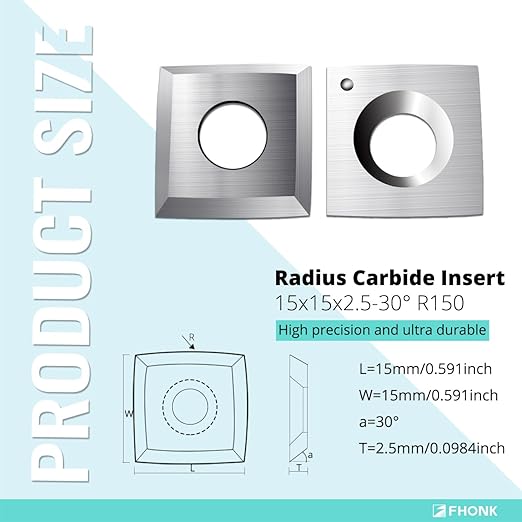 15mm Arc-Edge Square Carbide Inserts, for Helical Cutterhead Replacement Cutter Knives, Fits Spiral Planer Blades, Wood Lathe Turning Tools, 10 pcs (15x15x2.5-30째-R150)