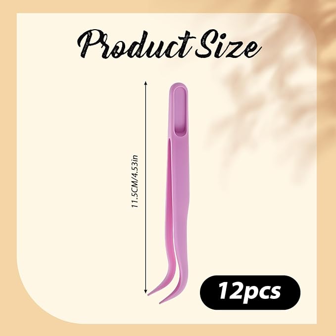 12pcs Plastic Tweezers, 4.5 Inch Bent Tweezers for Kids DIY Jewelry Making, Crafts, Baking Decoration, Reptile Feeding, Purple