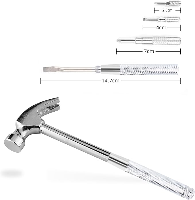 Mini Metal Hammer 6 in 1 with Slotted/Flat Head Phillips Screwdriver Claw Hammer Manual, Portable Multifunction Tool Hammer (Silver)