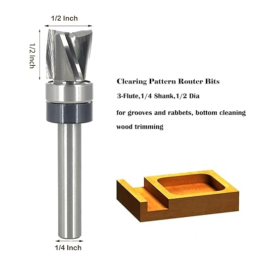 Spiral Flush Trim Router Bit 1/4 Shank, Carbide Head 3-Flute, 1/2" Diameter, 1/2" Cutting Length, Pattern Template Flush Trim Cut Router Bit, for Grooves, Bottom Cleaning, Wood Trimming