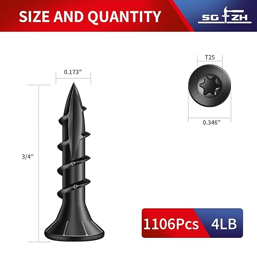 #8 x 3/4" Deck Screws (1106Pcs) 4lb. Carbon Steel, Black, Flat Head, Rust Resistant epoxy Coated, with T25 Star Bit