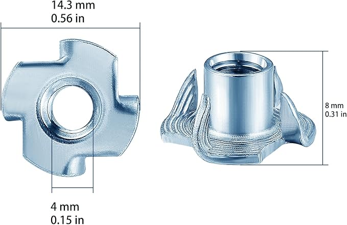 T-Nuts M4x8 (100 pcs), zinc Plated Steel, for Wood, Climbing Holds and cabinets