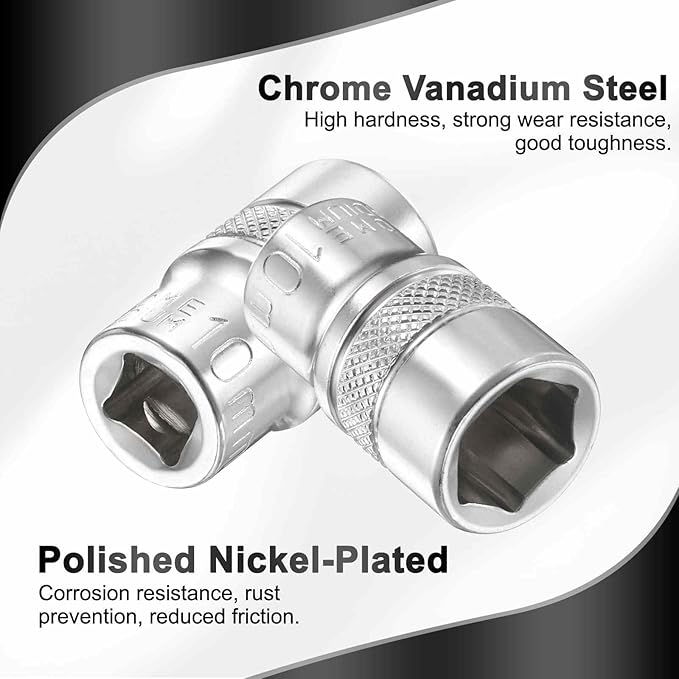 HARFINGTON 6 Points Deep Socket 1/4" Drive 10mm Deep Metric CR-V Steel Polished Nickel Plating Flip Sleeve 25mm / 1" Extra Long Socket Tool for Home Auto Nuts Bolts Repair
