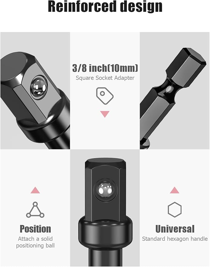 3/8 Impact Adapter Kit, 8 Pack Socket Adapter 1/4 Inch to 3/8 for Impact Driver, Automotive DIY, Extension Socket Bits, Handle Nut Driver and Drills