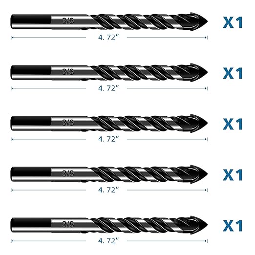 5-Piece 3/8??Masonry Drill Bits for Tile Glass Ceramic Wall Brick Stone Soft-Metal Wood, 3/8 Inch Concrete Drill Bits Cement Drill Bit Set, 3-Flat Shank, YG8 Carbide Tungsten Steel Alloy Tip 10mm