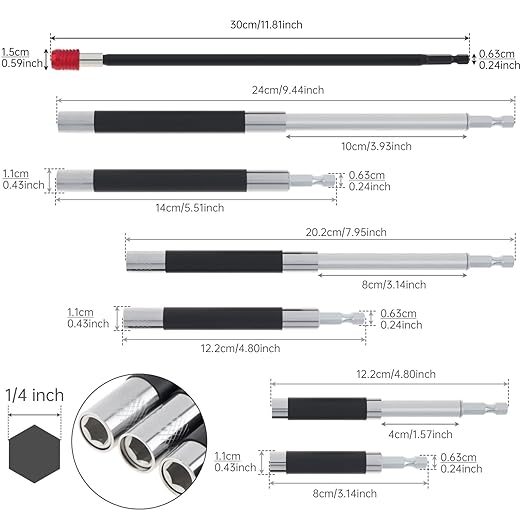 ChgImposs 4PCS Magnetic Drill Bit Extension Set ??300mm (12") Fixed + 80/120/140mm(3.15"/4.72"/5.51") Adjustable Magnetic Screwdriver Bit Holders, 1/4" Hex Quick Release Adapter