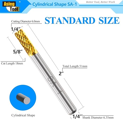 SA-1 5pcs Solid Tungsten Carbide Burr TiN Rotary File Cylindrical Shape Double Cut for Die Grinder Drill Bits 1/4'' Inch Diameter of Shank and Cutter 5/8'' Inch Cutter Length