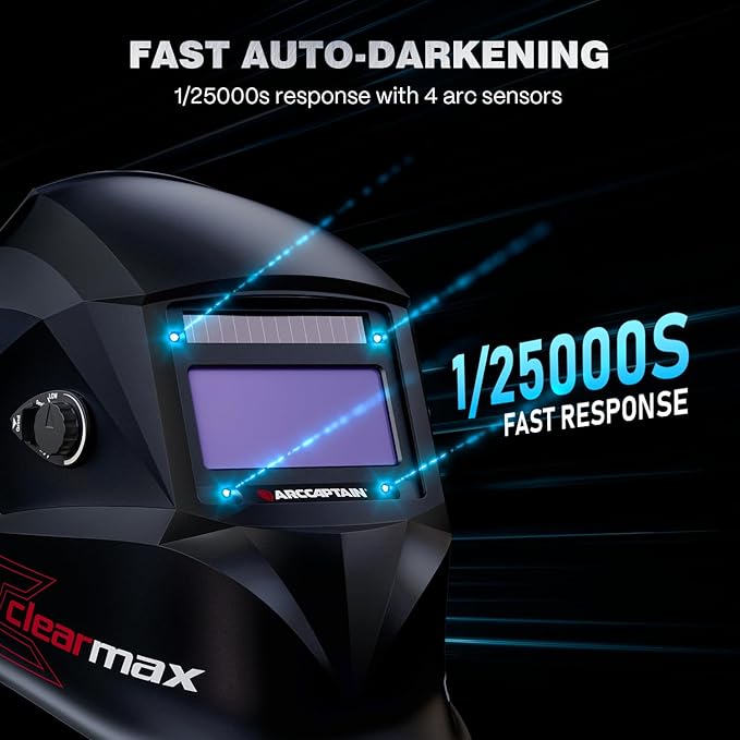 ARCCAPTAIN Large Viewing Screen Welding Helmet, 1/1/1/1 Top Optical Clarity Auto Darkening Welding Hood, 4 Arc Sensor 1/25000s Response Time True Color Welding Helmet with Adjustable Shade 4/9-13