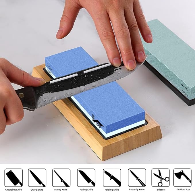 Knife Sharpening Stone Kit - Whetstone Grit 400/1000 3000/8000 Premium Knife Sharpener Wet Stone Set with Bamboo Base Angle Guide Leather Strop Flattening Stone Silicon holder