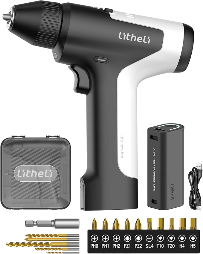 Litheli 4V Cordless Drill & Screwdriver, Brushless Power Drill Set with 2 Variable Speeds, 3/8" Keyless Chuck, 4000mAh Rechargeable Battery, LED Light, for Home DIY & Furniture Assembly