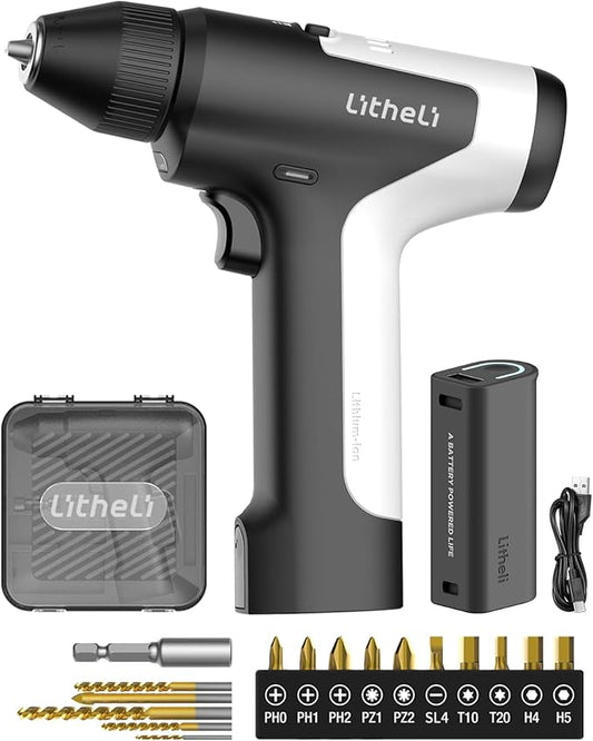 Litheli 4V Cordless Drill & Screwdriver, Brushless Power Drill Set with 2 Variable Speeds, 3/8" Keyless Chuck, 4000mAh Rechargeable Battery, LED Light, for Home DIY & Furniture Assembly