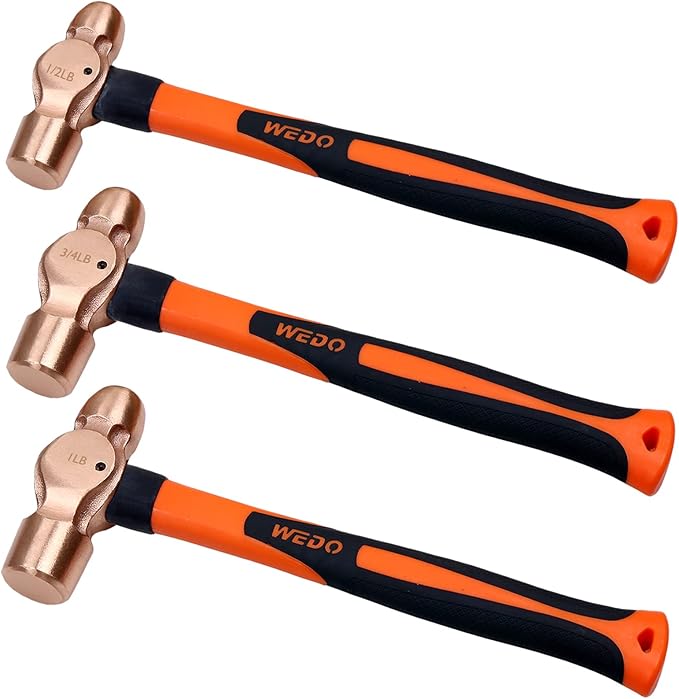 WEDO 3PCS Copper Ball Peen Hammer Set, 8 oz + 12 oz + 16 oz(1/2lb+3/4LB+1lb),Ball Pein Hammer with Fiberglass Handle, Die-Forged, Corrosion Resistant, DIN Standard