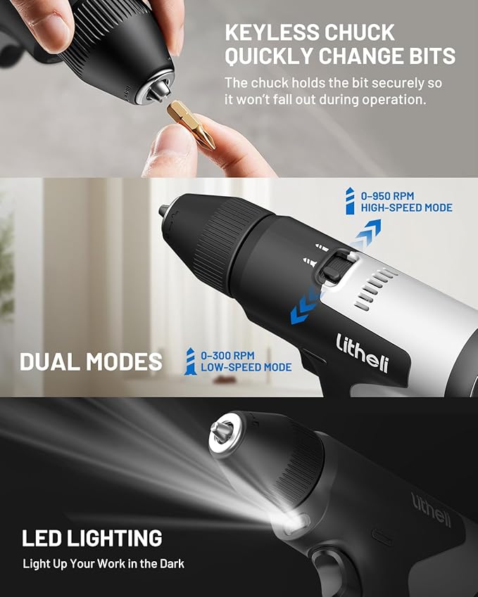 Litheli 4V Cordless Drill & Screwdriver, Brushless Power Drill Set with 2 Variable Speeds, 3/8" Keyless Chuck, 4000mAh Rechargeable Battery, LED Light, for Home DIY & Furniture Assembly