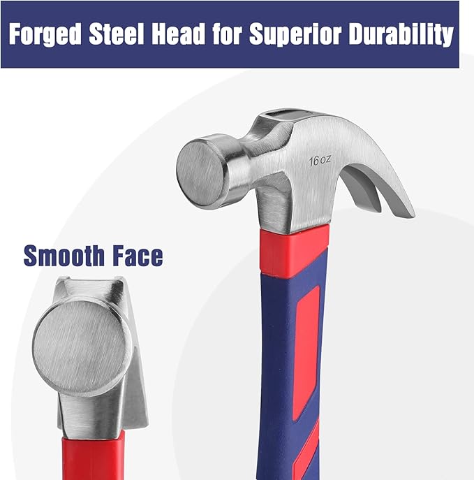 WORKPRO 16 oz Claw Hammer with Fiberglass Handle, All Purpose Hammer with Forged Hardened Steel Head