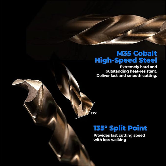 amoolo 15/64" inch Cobalt Drill Bits(5Pcs), M35 HSS Metal Jobber Length Twist Drill Bit Set for Hard Metal, Stainless Steel