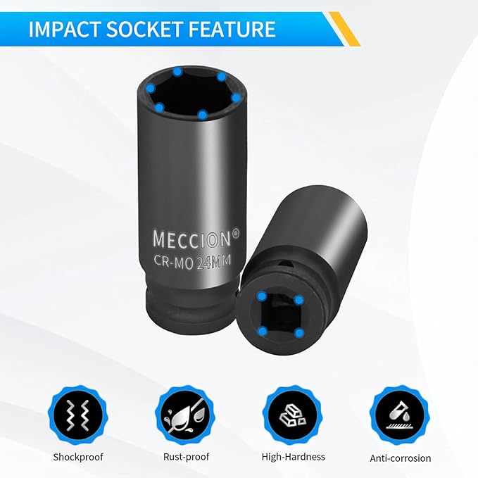 Meccion 3/8 Inch Drive Impact Socket 22mm Metric, 6 Point Cr-Mo Deep Socket, 63mm Length