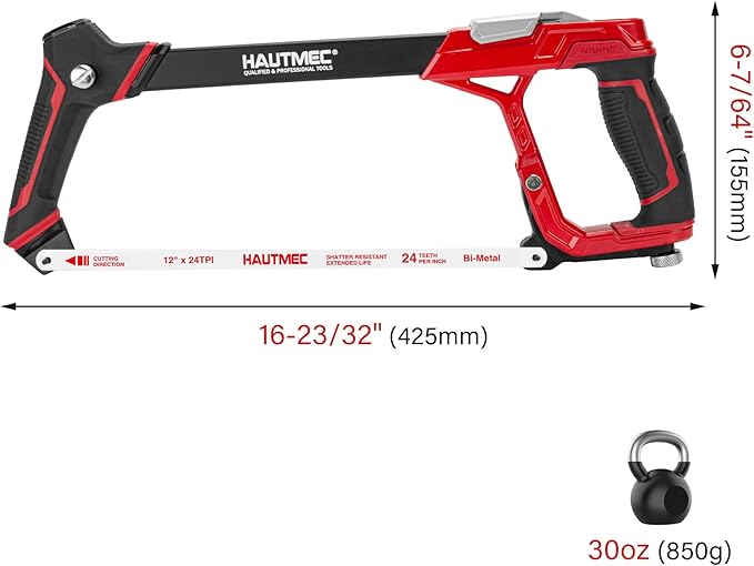 HAUTMEC 12" Fast High-Tension Hacksaw with 5 Extra Bi-Metal Blades, Heavy-Duty Aluminum Hack Saw with Ergonomic Non-Slip Handle, Quick-Change Tension, Blade Storage & Dual Cutting Angles - HTHSH25034