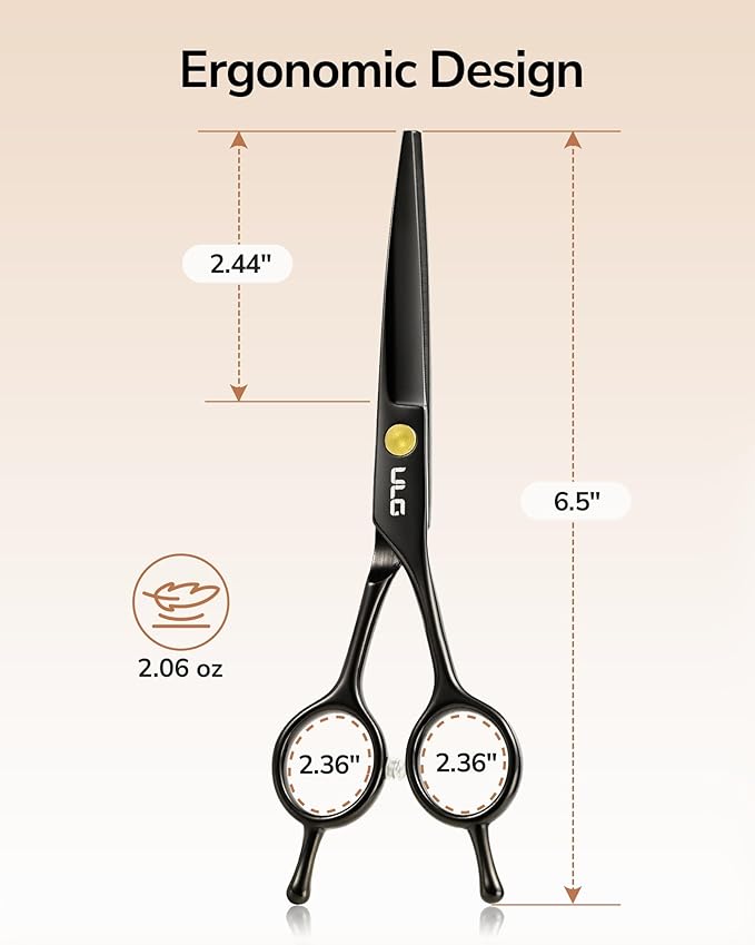ULG Professional Hair Cutting Scissors 6.5 Inch ??Sharp Barber Shears, Stainless Steel Symmetrical Salon Haircut Scissors for Women, Men, Kids, Gloss Paint Finish, Black