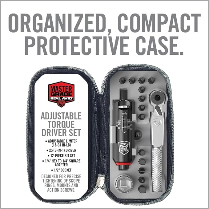 Real Avid Smart-Torq & X3 Driver Kit - Adjustable Limiter 15-65 In-Lbs, 3-in-1 X3 Driver Ratchet, T-Handle, Screwdriver, 12 Bits in a Compact Case