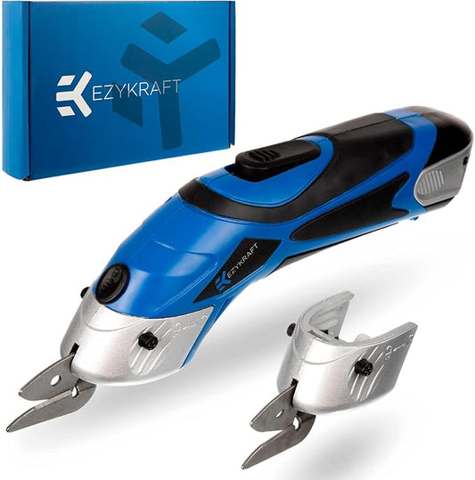 Cordless Electric Scissors for Cutting Fabric - Multifunctional Craft & Cardboard Scissors With Stainless Steel Blades & Replacement- 3.6V Lithium Ion Battery - Includes Charging Cable - Blue/Black