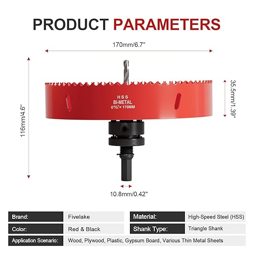 6.7" (170mm) Bi-Metal M42 High Speed Steel Hole Saw with Pilot Drill Bit, Smooth Cutting Edge for PVC, Drywall, Wood, Plastic, Gypsum Board, Rubber, Thin Metal