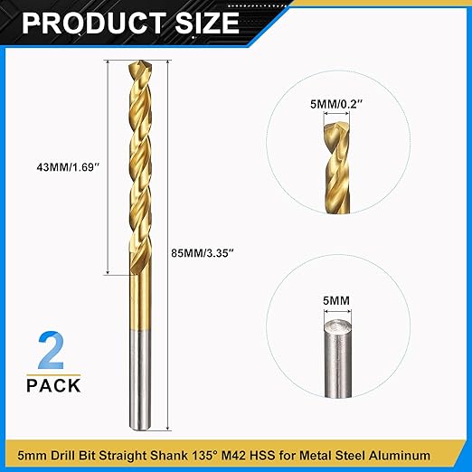 PATIKIL 5mm Drill Bit, M42 8% Cobalt High-Speed Steel Jobber Straight Shank 135° Titanium Nitride (TiN) Coated for Hard Metal Stainless Steel - 2 Pack
