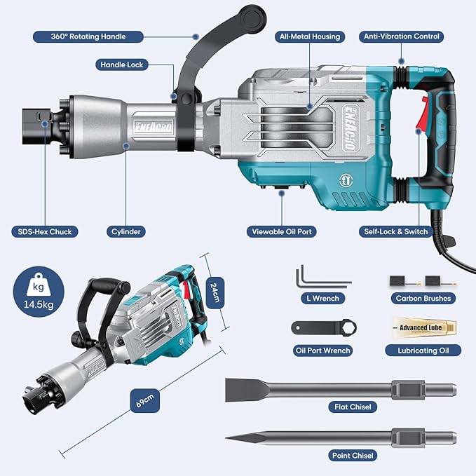 ENEACRO Demolition Jack Hammer 14.5Amp SDS-Hex Concrete Breaker, 65 Joules Heavy Duty Chipping Hammer Cement/Pavement/Floor Breaker, with 2pcs of chisels and Carry box with Rollers