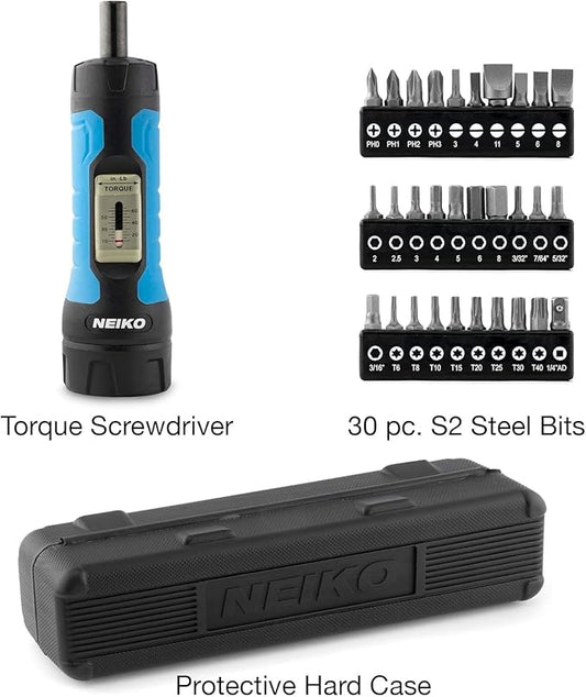 Neiko 10574A 1/4??Drive Torque Wrench Screwdriver Set | 30 Pieces of S2 Steel Philips, Hex, Slotted, and Torx Bits | 10 to 60 Inch-Pounds Torque Adjustment Range | Firearms Accurizing and Gunsmithing
