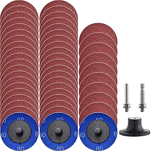 NYXCL Miroku 50Pcs P80 2 inch roll Lock Quick Change Discs Set, A/O Sanding Discs with 1/4" Holder, for Die Grinder Surface Prep Strip Grind Polish Finish Burr Rust Paint Removal