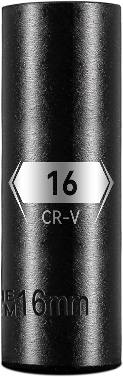 BLACKROBOT 1/2 Inch Drive 6-Point Deep Socket, 16mm Deep Impact Socket, CR-V Steel
