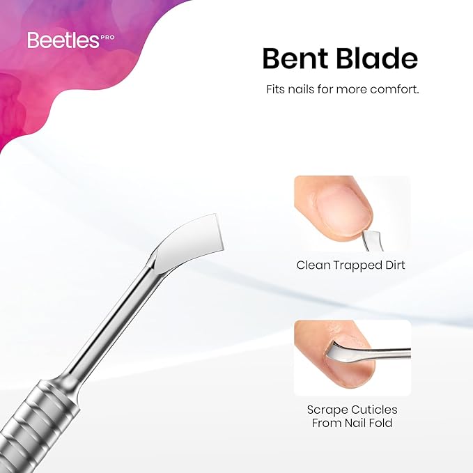 Beetles Pro 1-Pcs Dual-End Nail Pusher & Cuticle Cleaner - 14mm Serrated Edge & 5mm Curved Blade, Ergonomic Anti-Slip Handle, Professional Manicure Tool for Nail Care