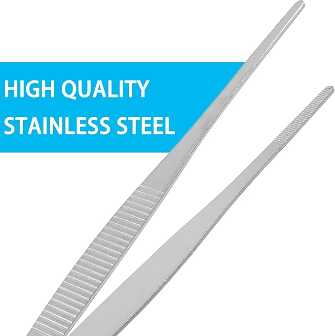 4Pcs 8 Inch Stainless Steel Tweezers, Long Tweezers with Precision Serrated Straight Tips, Non-slip Multitool Tweezer for Cooking, Repairing, Medical, Garden