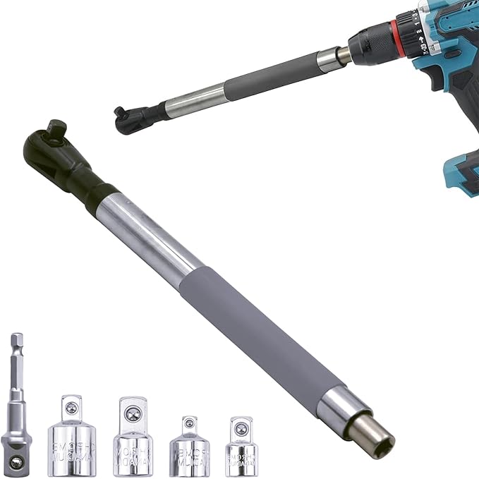 1/2" Offset Extension Wrench Impact for Electric Drill with 3/8" & 1/4" Adapters set , Universal Offset Extension Wrench Set, 17-Inch Heavy Duty with 5 Adapters, Forward/Reverse Switch for Automotive