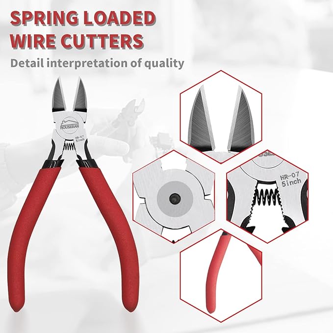 5 Inch Micro Flush Cutter & Side Cutting Pliers,2-Piece Wire Cutters Set, Spring Loaded Diagonal Wire Snips for Jewelry Making, Crafting, Zip Ties, Electronics