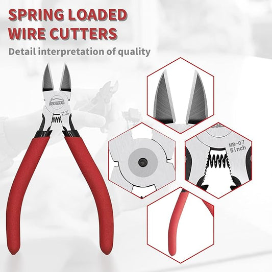 5 Inch Micro Flush Cutter & Side Cutting Pliers,2-Piece Wire Cutters Set, Spring Loaded Diagonal Wire Snips for Jewelry Making, Crafting, Zip Ties, Electronics