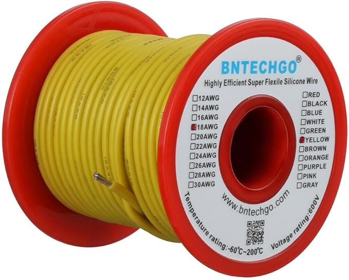 BNTECHGO 18 Gauge Silicone Wire Spool 50 ft Yellow Flexible 18 AWG Stranded Tinned Copper Wire
