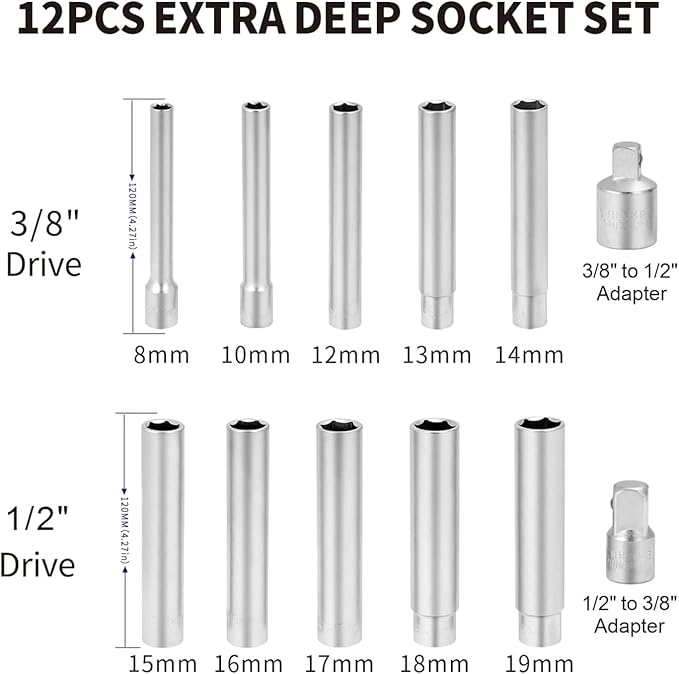 ZKTOOL 12PCS Deep Metric Socket Set 1/2 3/8-Inch Drive 6PT 8-10-12-13-14-15-16-17-18-19MM With 1/2 3/8-Inch Adapter- Extra Long Deep 120MM