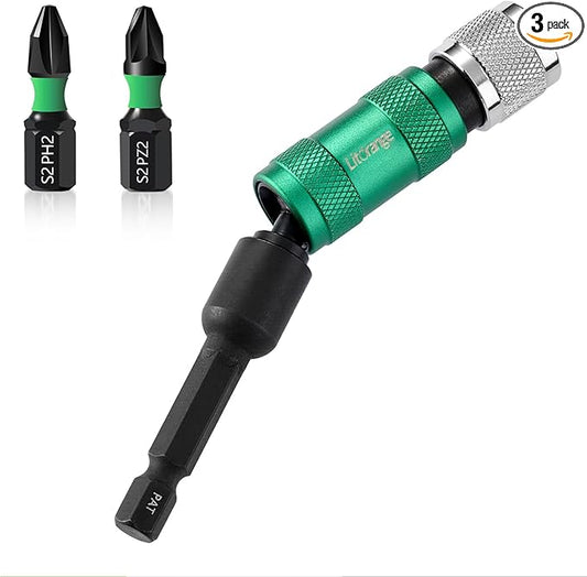 3PCS 90mm Universal Magnetic Pivoting Impact Screwdriver Drill Bit Holder, Mechanical locking And Quick Release Design, 1/4" Hex Shank, With 2 x 25mm PZ2 & PH2 Bit Fit for Swivel Drill Bit Extender