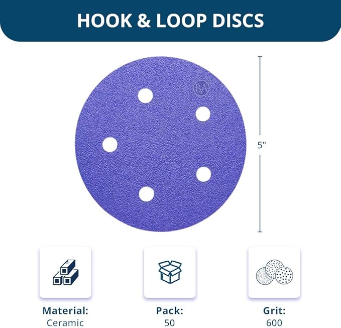 Benchmark Abrasives 5" Premium Ceramic 5 Holes Film Backed Hook and Loop Discs for Sanding of Metals Non-Ferrous Metals Wood Plastic Fiberglass (Pack of 50) - 600 Grit