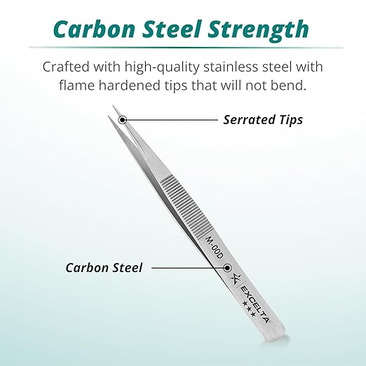 Excelta Mini Straight Medium Point Tweezers, Carbon Stainless Steel, Serrated Tips & Handles for Superior Gripping, Ideal for General Purpose Use, 3.38" Length, Professional