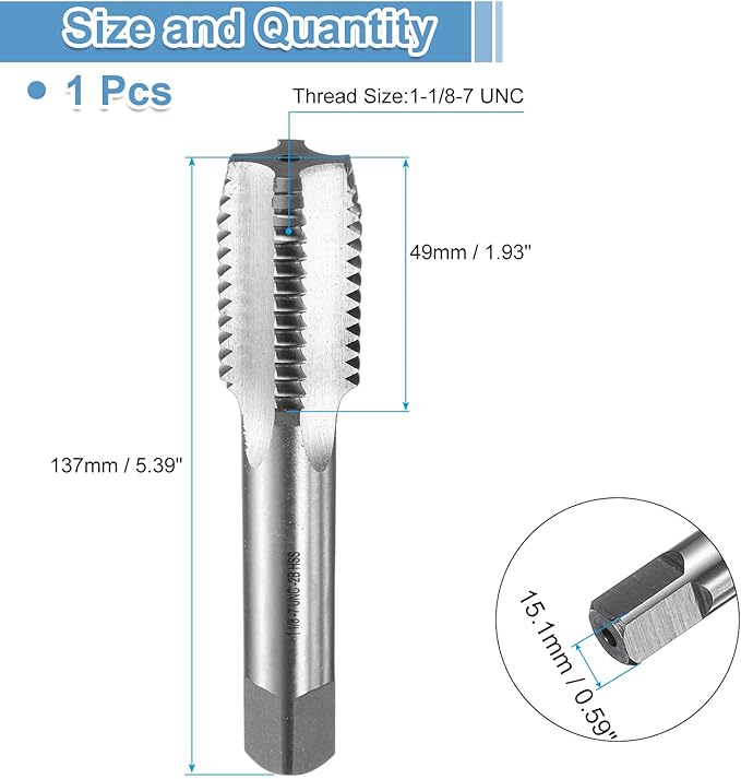 uxcell Hand Bottom Tap 1-1/8-7 UNC 2B Thread Bottoming Style Threading Taps High Speed Steel HSS6542 Straight Flutes Screw Tapping Tool