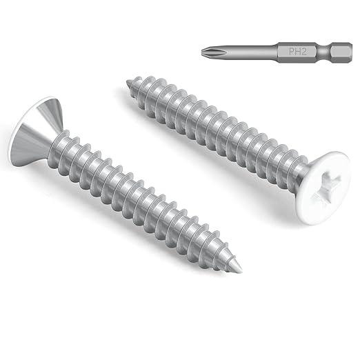 #8 x 1-1/2" White Head Sheet Metal Screws, 100 PCS Flat Head Phillips Fast Self Tapping Screws, Countersunk Head Wood Screws, Carbon Steel, Screwdriver Bit Included