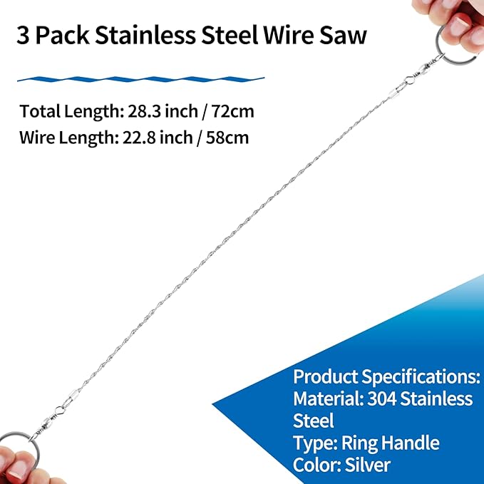 Bivethoi 3 Pack Stainless Steel Wire Emergency Saw Kit, Camping Mini Backpacking Cable Cutting String Bone Rope, Travel Chainsaw for Wood Cutting Hiking Hunting (Ring Handle)