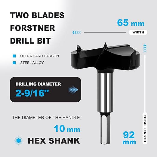 2-9/16 Inch Forstner Drill Bit Carbide Tipped,Woodworking Hinge Cutter for Precise Flat Bottom Holes in Hard Wood,Plywood,Plastic - Professional Grade